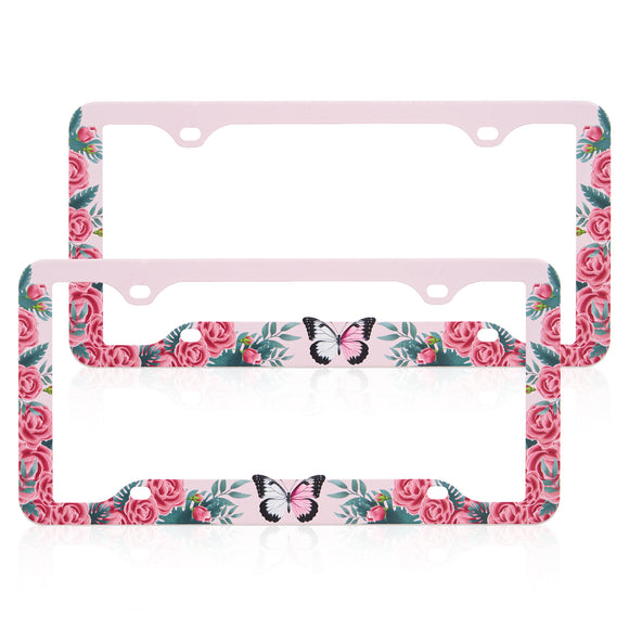 Stainless Metal Car License Plate Frame Cover - Rose & Butterfly (2 PCS)