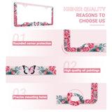Stainless Metal Car License Plate Frame Cover - Rose & Butterfly (2 PCS)