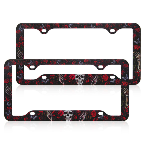 Stainless Metal Car License Plate Frame Cover - Rose Skull (2 PCS)