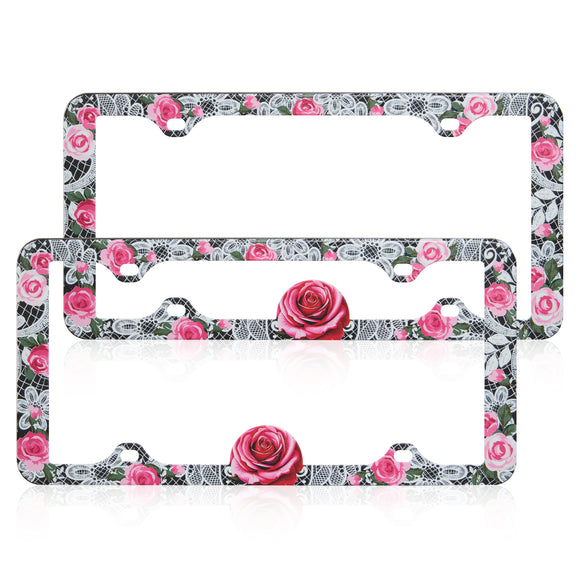 Stainless Metal Car License Plate Frame Cover - Rose Lace (2 PCS)