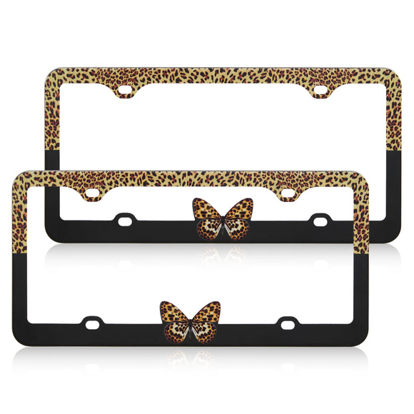 Stainless Metal Car License Plate Frame Cover - Butterfly & Leopard (2 PCS)