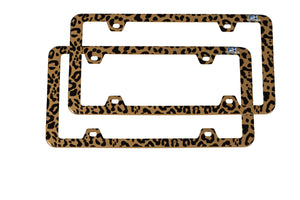 STAINLESS STEEL LICENSE PLATE FRAME - LEOPARD (2 PCS)